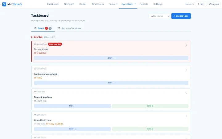 Shiftbreeze web taskboard: daily tasks, cash counts and stock takes across locations