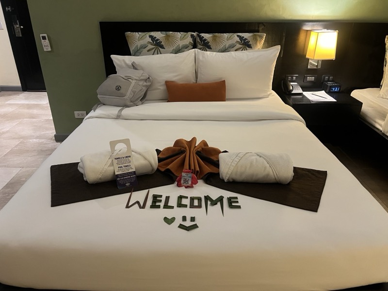 A neatly made hotel room bed